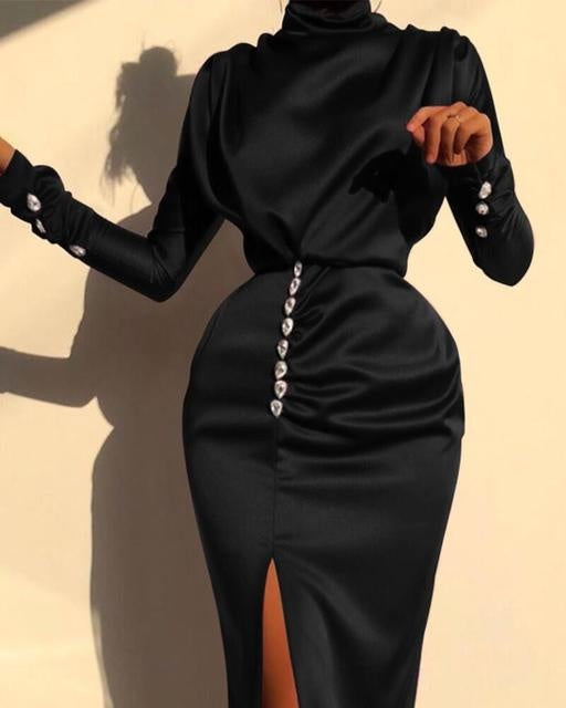 MONO//FIT elegant long dresses for women in sleek black with stylish button details and a thigh-high slit