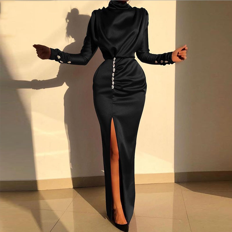 Elegant long dresses for women in black satin with a high slit and button details