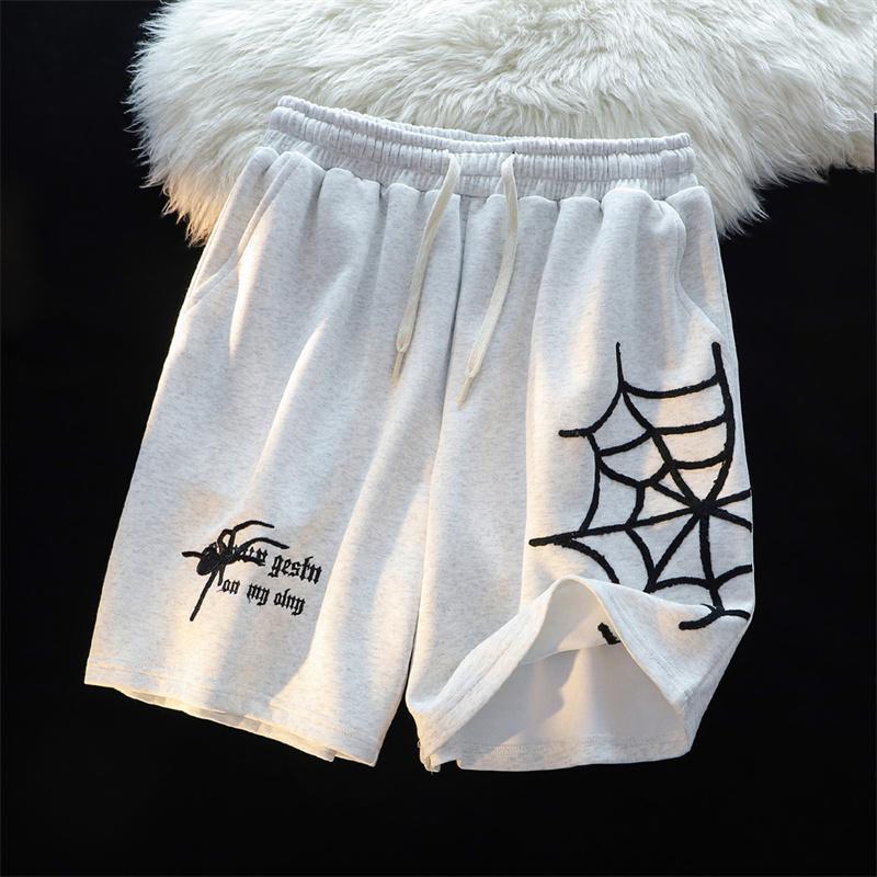 MONO//FIT embroidered spider shorts in grey with spider and web design for casual wear