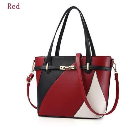 Red and black MONO//FIT fashion brand women's handbag with stylish geometric design and dual straps