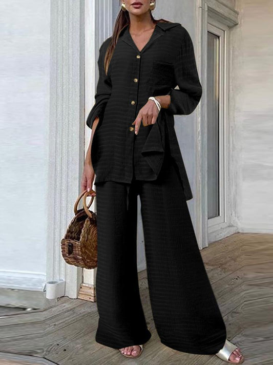MONO//FIT Black Two-Pieces Set featuring a stylish button-up top and wide-leg pants for a chic fashion pocket outfit
