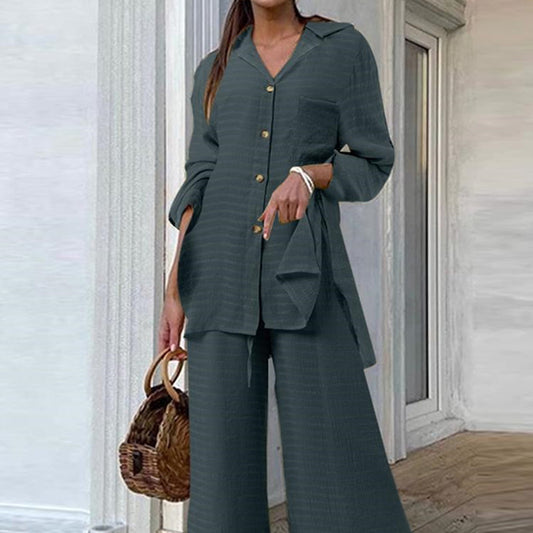 Stylish MONO//FIT two-piece set in green featuring a button-up top and wide-leg pants, ideal for a fashion pocket outfit