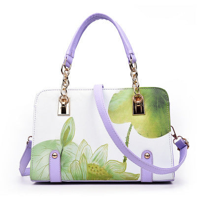MONO//FIT fashion printed handbag with floral design and elegant purple handles