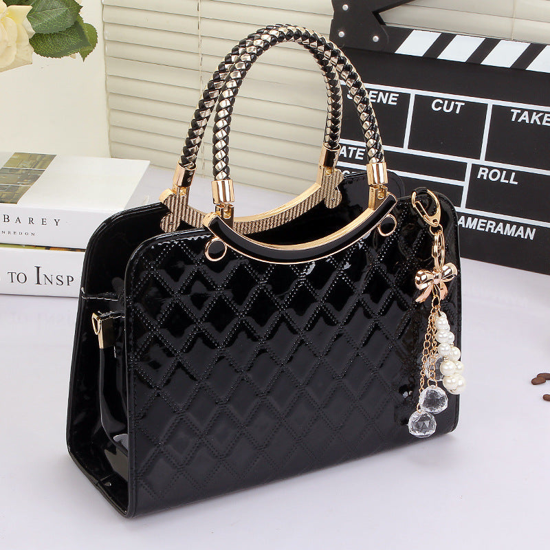 MONO//FIT Black Patent Fashion Shoulder Bags for Women with Braided Handles and Decorative Charm