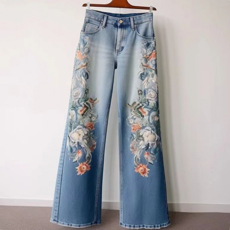 MONO//FIT fashion straight jeans for women with colorful floral embroidery on the sides