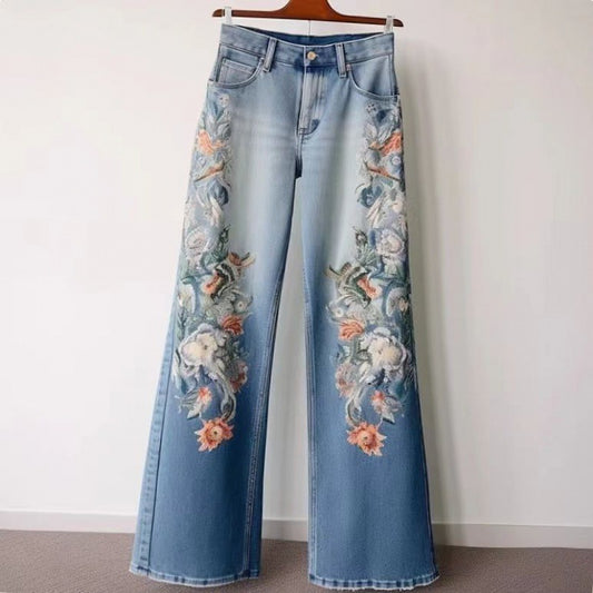 MONO//FIT fashion straight jeans for women with colorful floral embroidery on the sides