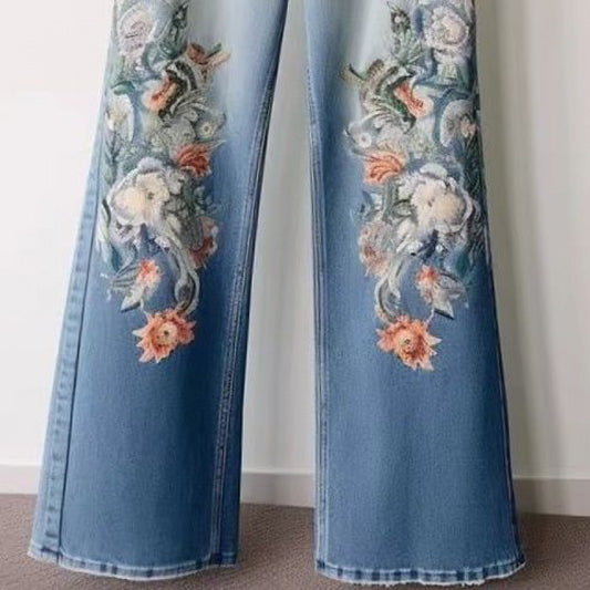 MONO//FIT fashion straight jeans for women with floral embroidery design on the legs