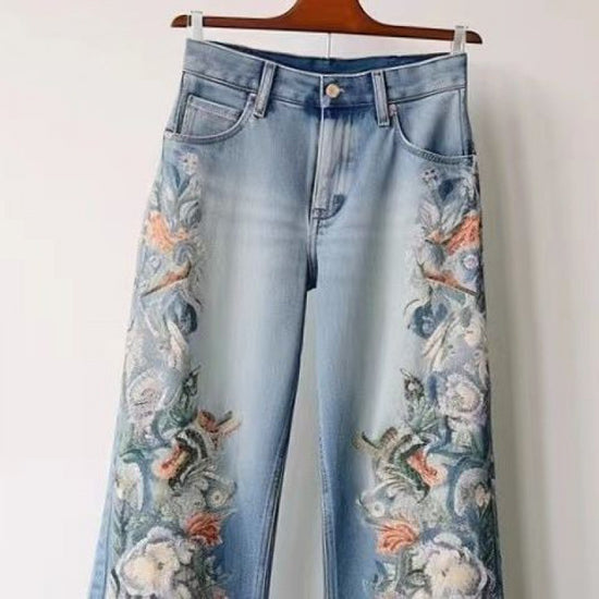 MONO//FIT fashion straight jeans for women with floral embroidery on the sides