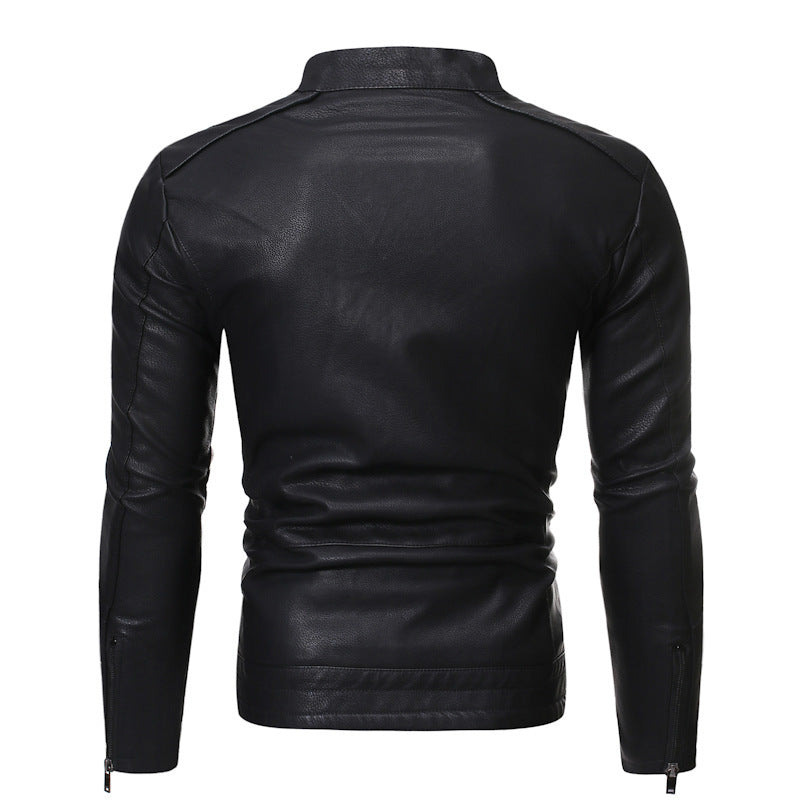 Back view of MONO//FIT fashionable men's leather outerwear with sleek design and zipper details