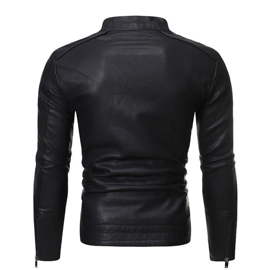 Back view of MONO//FIT fashionable men's leather outerwear with sleek design and zipper details
