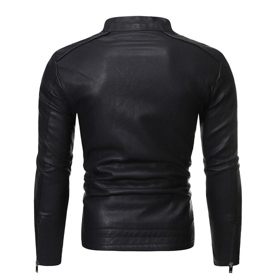 Back view of MONO//FIT fashionable men's leather outerwear with sleek design and zipper details