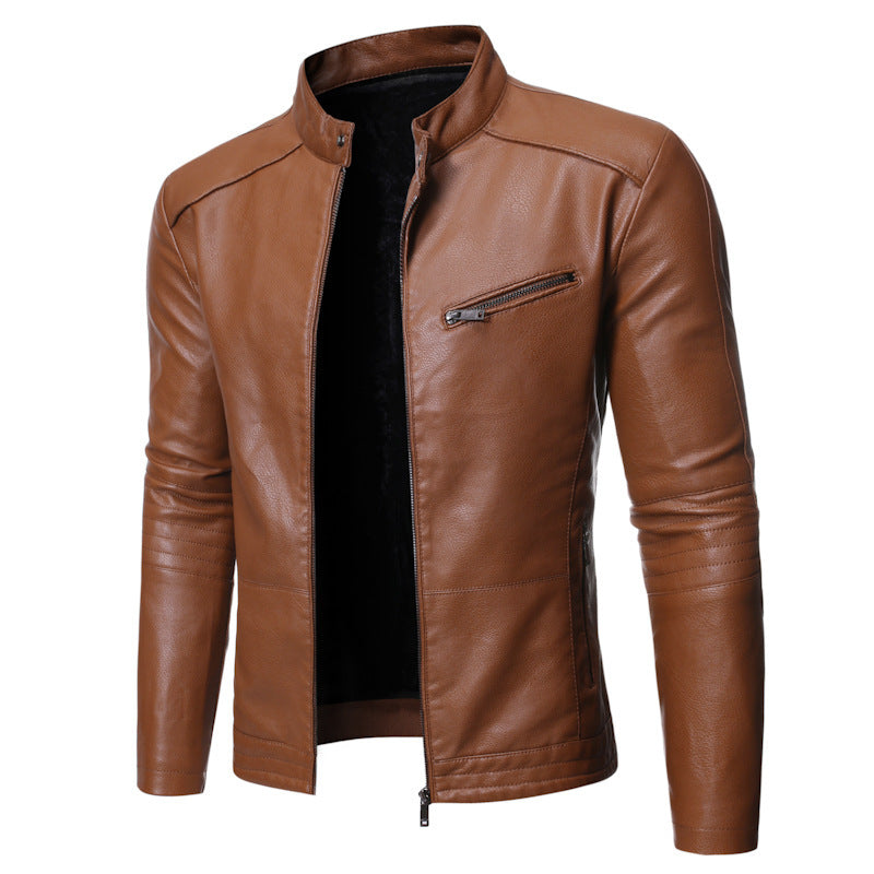 Fashionable men's leather outerwear in brown with a sleek zippered pocket and modern collar design