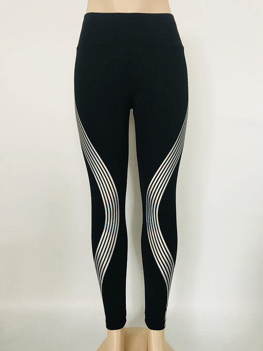 Black glow in the dark fitness pants featuring stylish reflective wave patterns on the sides