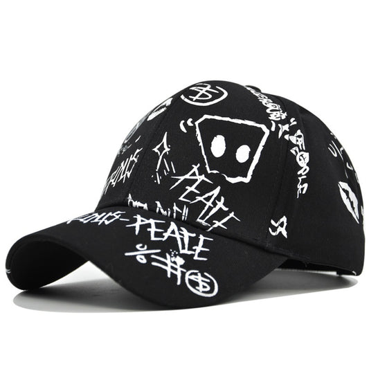 MONO//FIT grafitti men cap featuring bold white designs on a black background for a stylish look