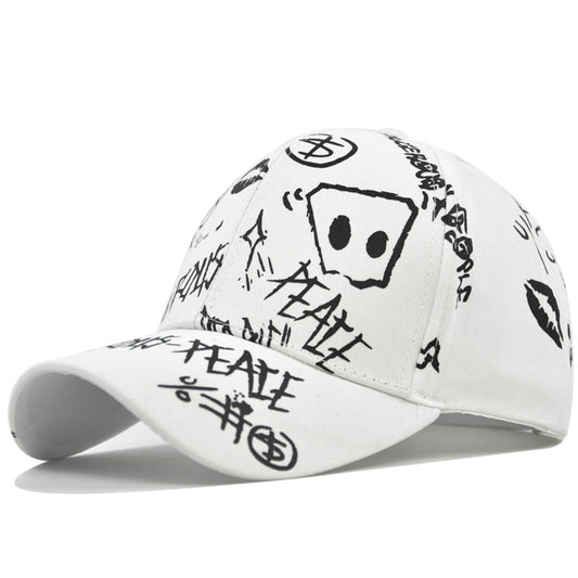 MONO//FIT graffiti men cap in white featuring artistic black graffiti designs for a trendy look