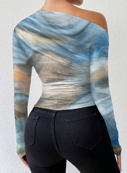 MONO//FIT women's graphic long sleeve tops with a stylish off-shoulder design and abstract pattern
