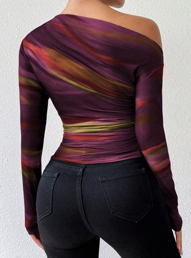 MONO//FIT graphic long sleeve tops women in purple with colorful swirl design and fitted style