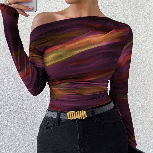 MONO//FIT Women's Graphic Long Sleeve Tops with Multicolor Abstract Design and Off-Shoulder Style