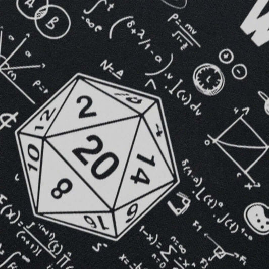 Graphic RPG T-shirts featuring a D20 dice design on a black background with mathematical symbols