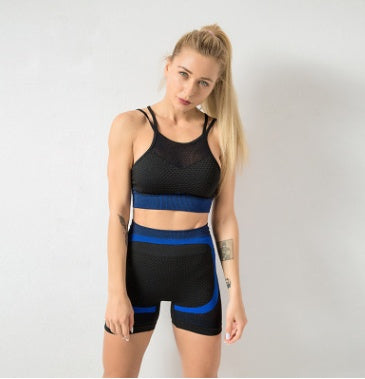 MONO//FIT black and blue 2 piece gym wear set featuring a sporty crop top and high-waisted shorts