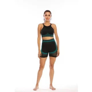 MONO//FIT Black and Teal 2 piece gym wear set featuring a sports bra and shorts