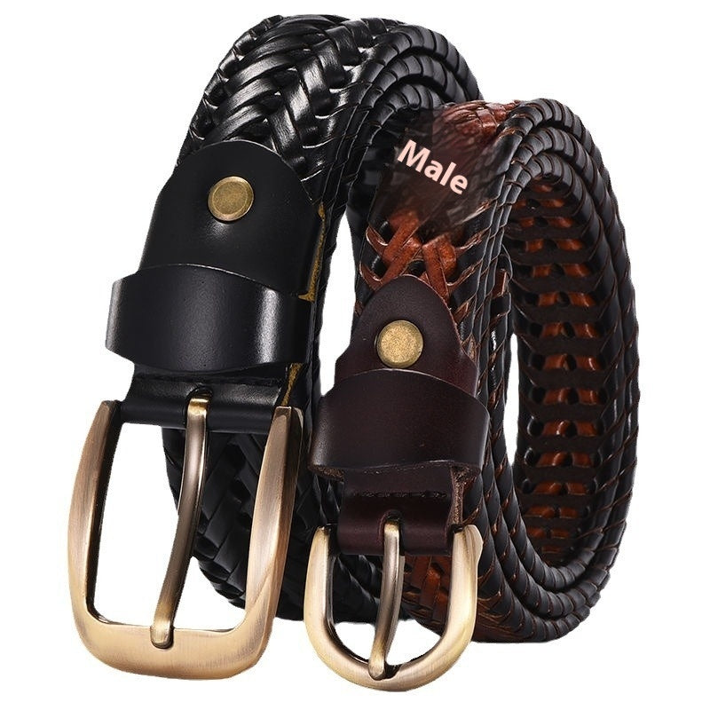 Handmade leather belt for men featuring braided design and durable metal buckles