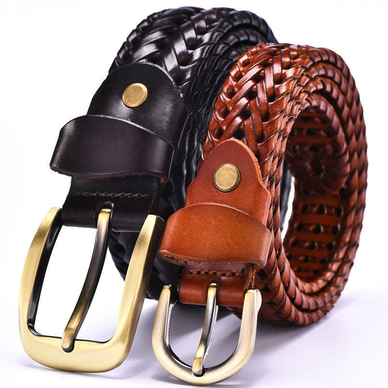 Handmade leather belt for men featuring a braided design in black and brown with brass buckles