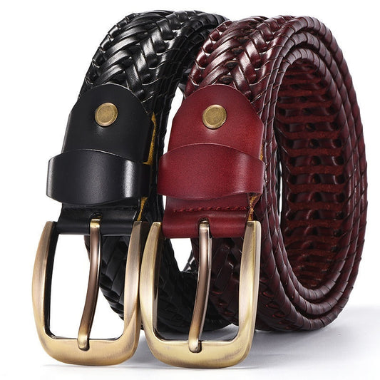 MONO//FIT handmade leather belt for men in black and burgundy with braided design and sturdy buckles