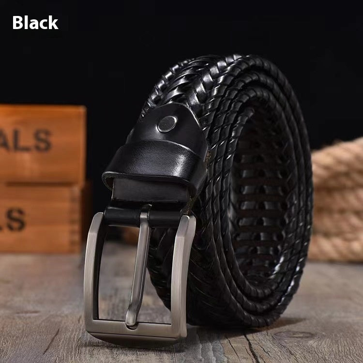 Handmade leather belt for men in black featuring a braided design and classic buckle