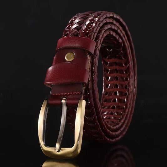 MONO//FIT handmade leather belt for men in burgundy with a classic brass buckle