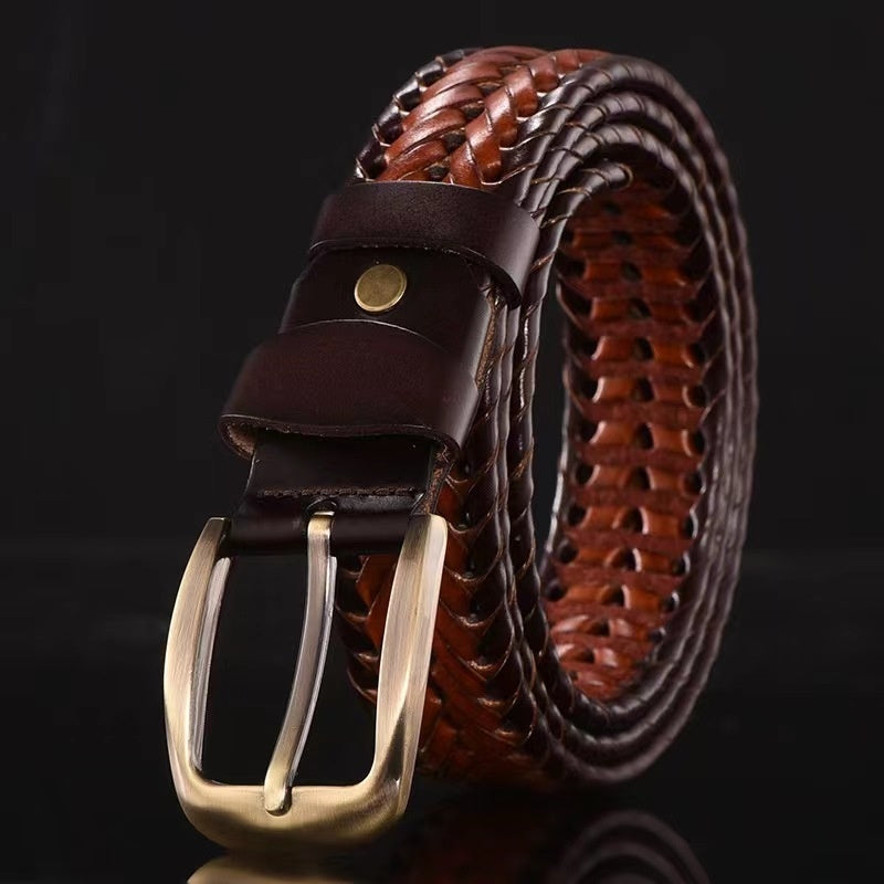 MONO//FIT handmade leather belt for men featuring a braided design and brass buckle