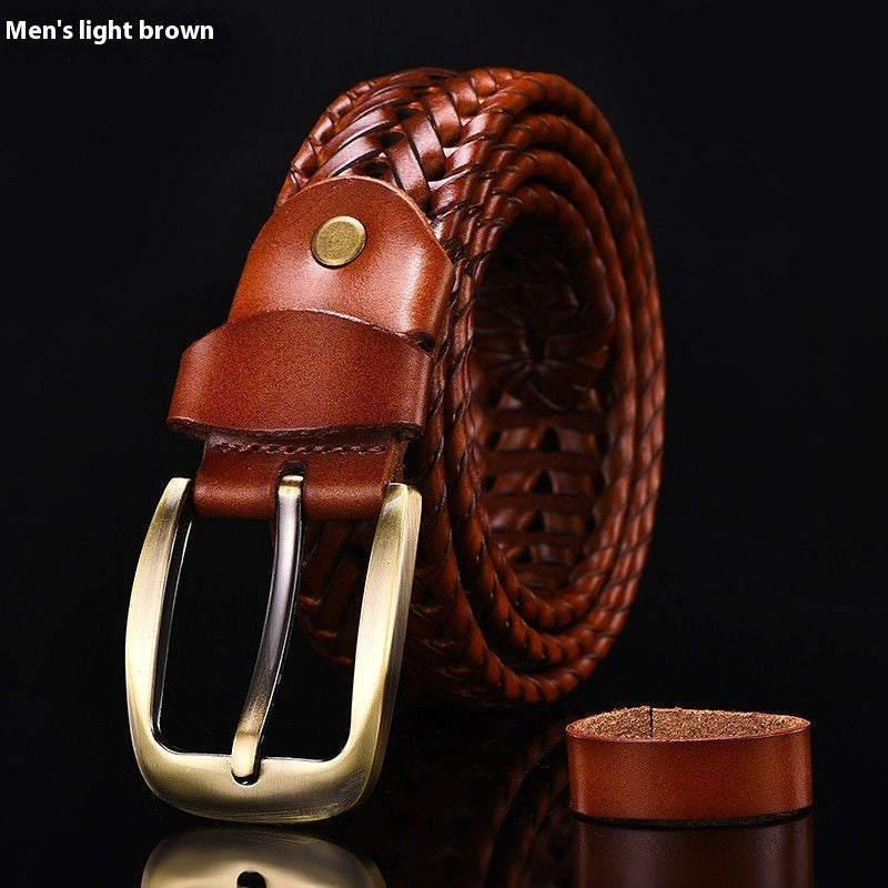 Handmade leather belt for men in light brown with a braided design and a gold-tone buckle