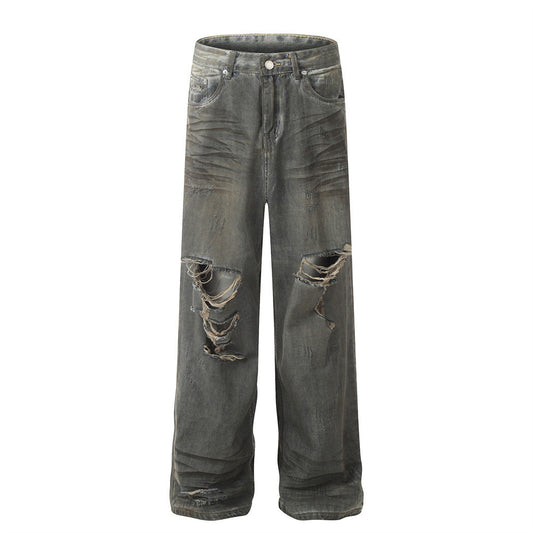 MONO//FIT Men's Heavy Industry Streetwear Jeans in Distressed Grey with Rip Details