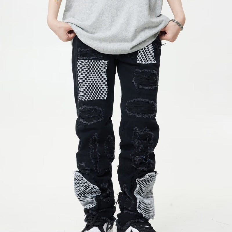 MONO//FIT heavy industry style jeans with unique patchwork and mesh detailing for a bold urban look