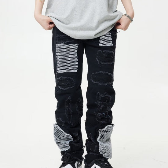 MONO//FIT heavy industry style jeans with unique patchwork and mesh detailing for a bold urban look