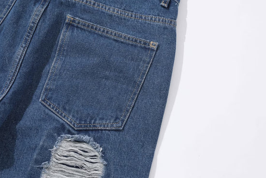 Close-up of MONO//FIT heavy industry style jeans with distressed details and classic denim blue color