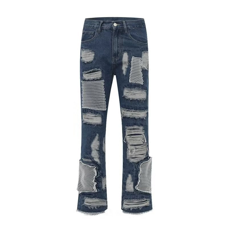 MONO//FIT Men's heavy industry style jeans featuring distressed patches and mesh details