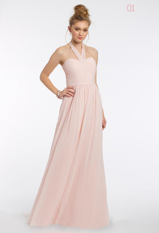 MONO//FIT elegant high fashion bridesmaid dresses in soft pink with halter neckline and flowing skirt
