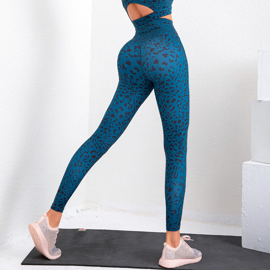 High waist yoga pants women in teal with leopard print designed for comfort and style during workouts