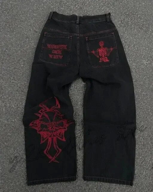 MONO//FIT Hip Hop embroidered jeans with unique red designs for trendy casual wear