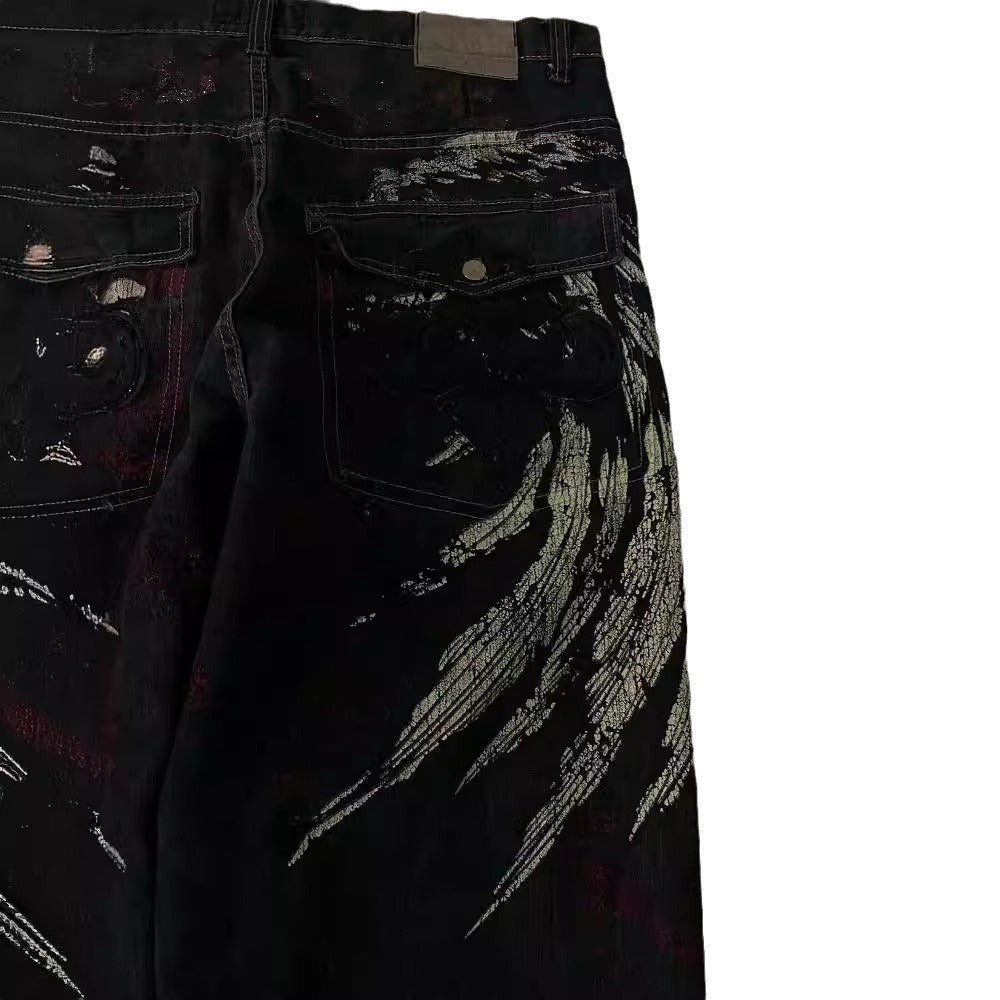 MONO//FIT Hip Hop embroidered jeans featuring unique artistic designs and a stylish black finish