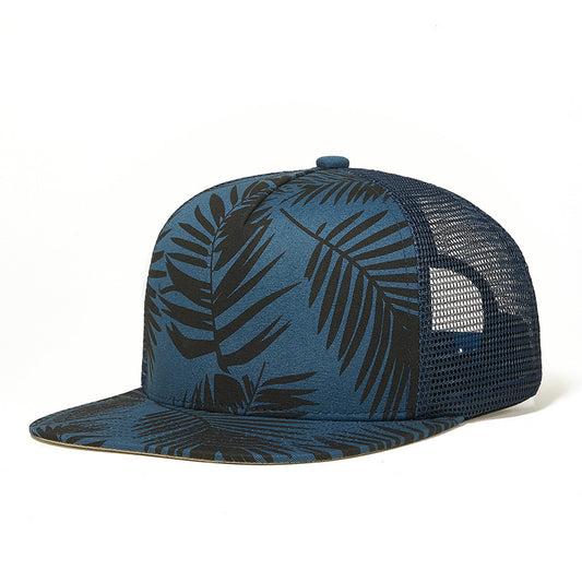 Hip-hop printed men cap by MONO//FIT featuring a blue background with tropical leaf design