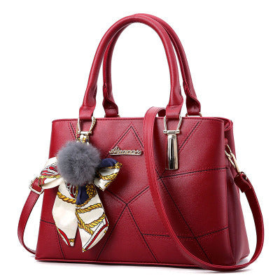 Stylish MONO//FIT Korean fashion handbags in red with decorative scarf and pom-pom detail