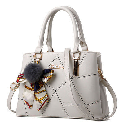 Elegant white Korean fashion handbags with a decorative scarf and pom-pom detail