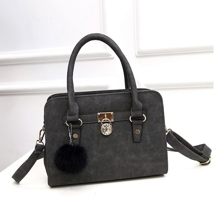 Stylish MONO//FIT Korean fashion satchel handbags in gray with a detachable pom-pom charm