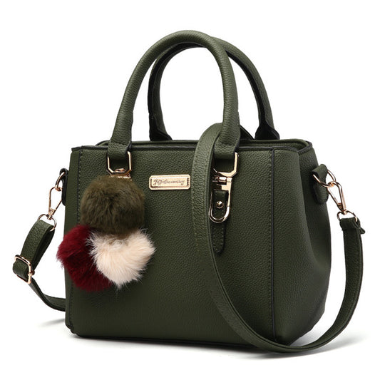MONO//FIT Korean one-shoulder bag in green with plush pom-pom charm and dual handles