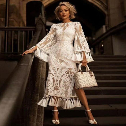 Elegant MONO//FIT lace embroidered tassel dress with bell sleeves and ruffled hem for stylish occasions