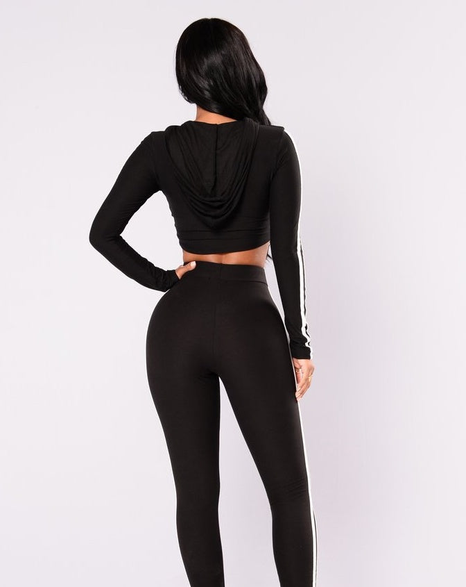 MONO//FIT ladies crop top hoodie tracksuit in black with stylish back design and fitted leggings