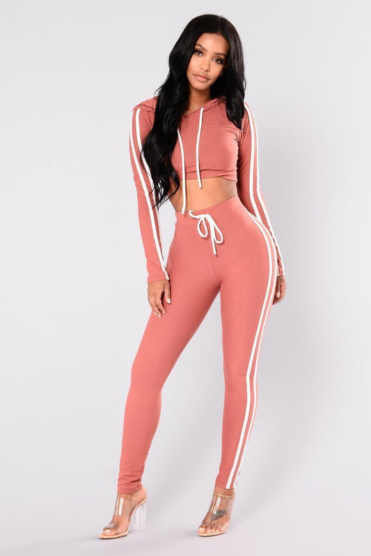 MONO//FIT ladies crop top hoodie tracksuit in pink with stylish side stripes and fitted leggings.