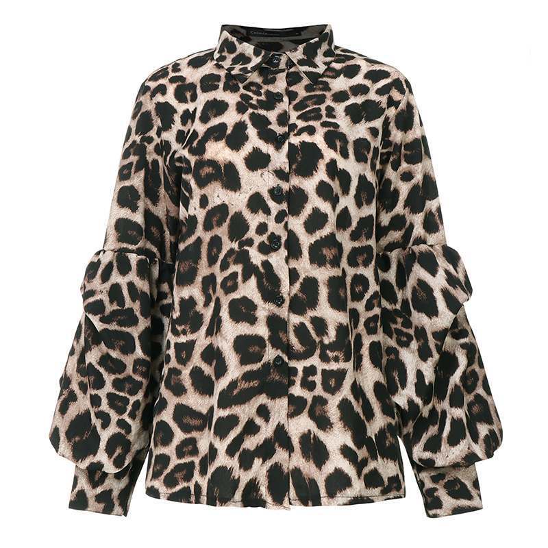 MONO//FIT leopard print tops for women with puff sleeves and button-down design
